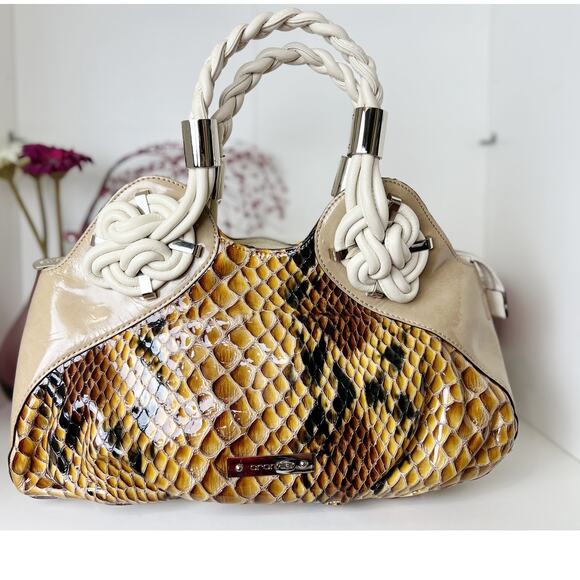 Cromia Genuine Tan Leather and Snakeskin Animal Print Hobo Purse Handbag - Picture 1 of 15